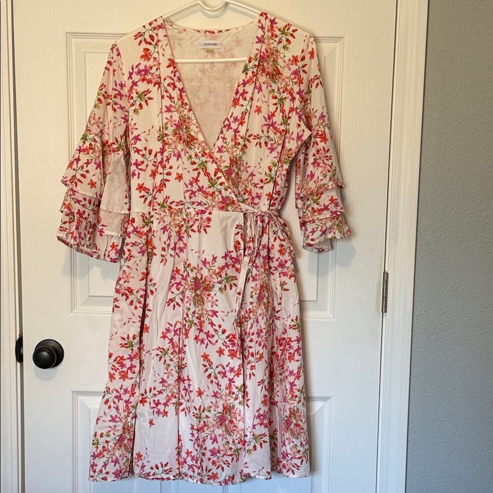 Calvin Klein Floral Wrap Midi Dress - Pink and Green